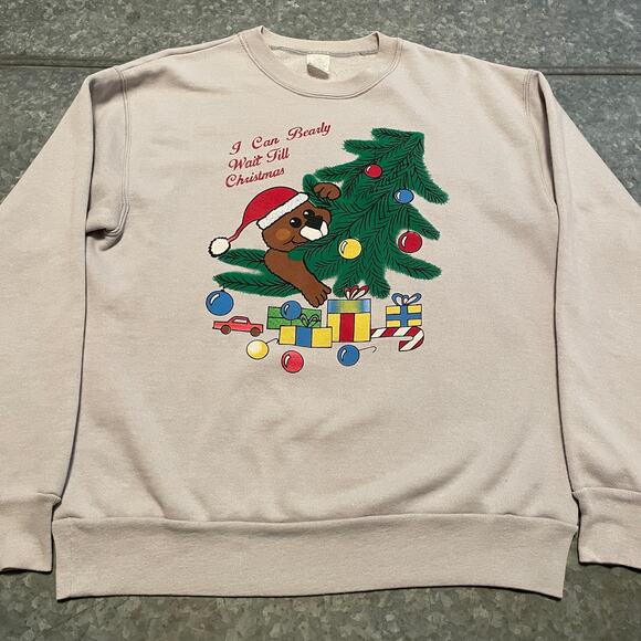 Vintage Christmas Sweatshirt Mens Large USA I Can Bearly Wait Til Bear Tree 90s - Picture 1 of 10
